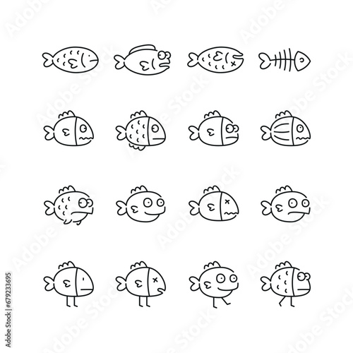 Vector line set of icons related with fish. Simple outline sign.