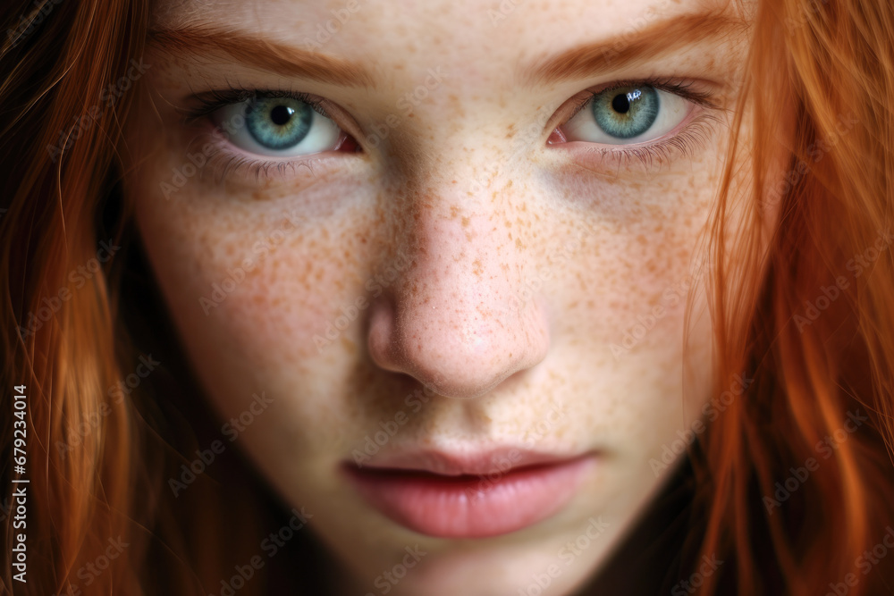 Close up portrait of a women with red hair and blue eyes.