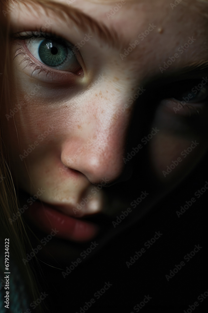 A close up picture of a young girl with blue eyes.
