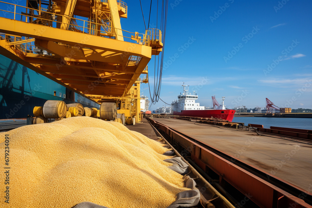 A crop of wheat or grain is loaded onto a ship.