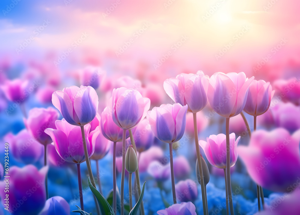 pink tulips in a field of blue flower pink tulips in a field of blue flower