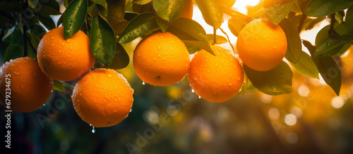 selective focus of ripe oranges hanging from an orange tree (Citrus × sinensis) in an expansive orange grove with blurred background photo