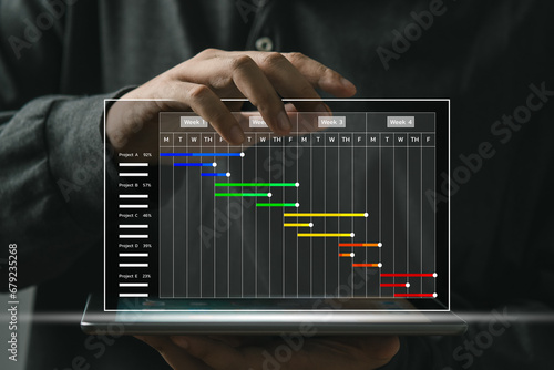 business project manager update work task and milestone progress planning. Businessman using technology software app in tablet with Gantt chart schedule virtual diagram screen. photo