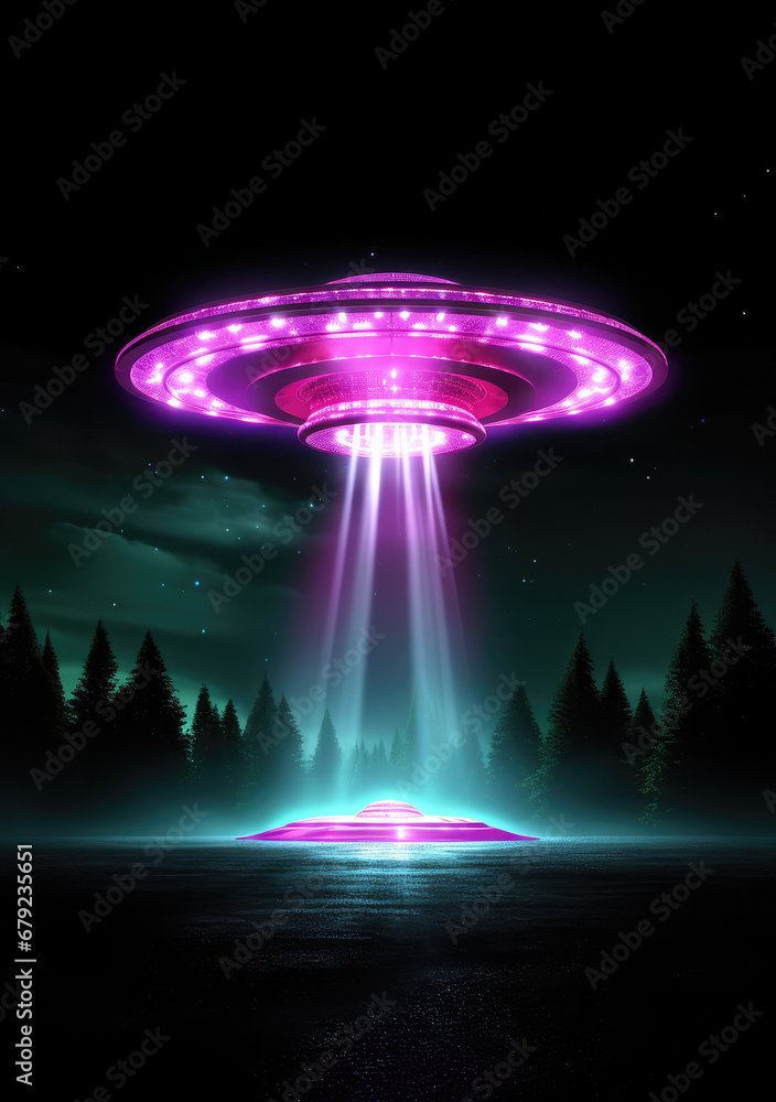 Illuminating the Unknown: A Neon-Colored Poster Depicting Alien Spacecraft Hovering in the Sky, A Generative AI's Visual Dance Between Fiction and Reality