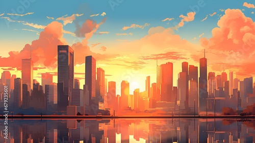 Sunset over city skyline painting with vibrant orange hues.