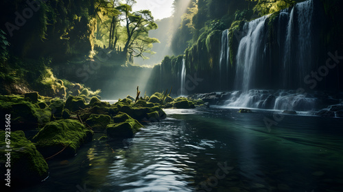 A surreal photograph of a waterfall surrounded by a gradient of vibrant and lush greens  showcasing the harmonious beauty of nature s color palette.