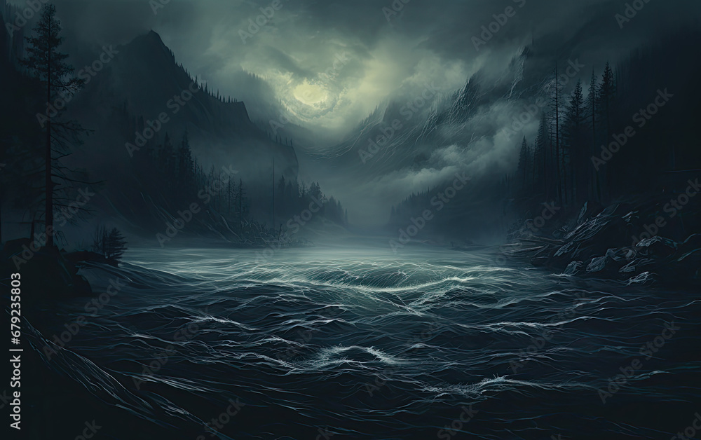 Fototapeta premium Storm over the ocean at the evening sky.