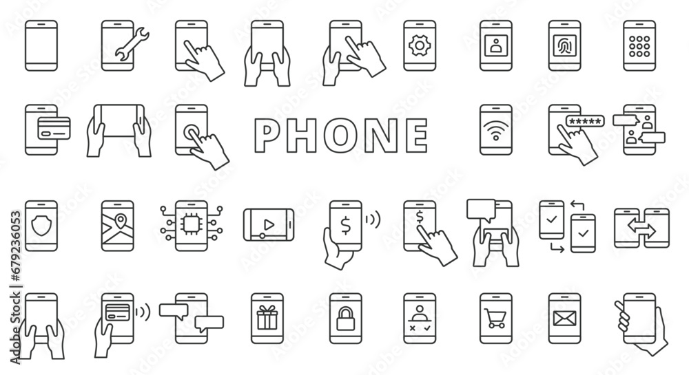 Phone in a hand icon set line design. Smartphone, Phone, phone icon, Call, NFC, Core, Contact, Screen, Message, Chat, Device vector illustrations. Supply chain editable stroke icons. Phone in a hand icon set line design. Smartphone, Phone, phone icon, Call, NFC, Core, Contact, Screen, Message, Chat, Device vector illustrations. Supply chain editable stroke icons.