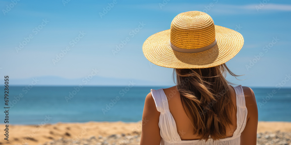 Young woman stands on the shoreline, her hat a playful shield against the sun's warm embrace