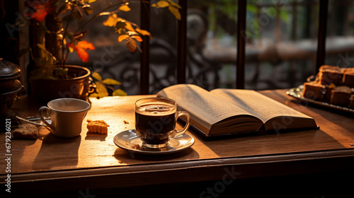 open book on the table with a cup of tea, reading literature