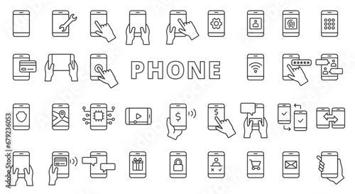 Phone in a hand icon set line design. Smartphone, Phone, phone icon, Call, NFC, Core, Contact, Screen, Message, Chat, Device vector illustrations. Supply chain editable stroke icons.
