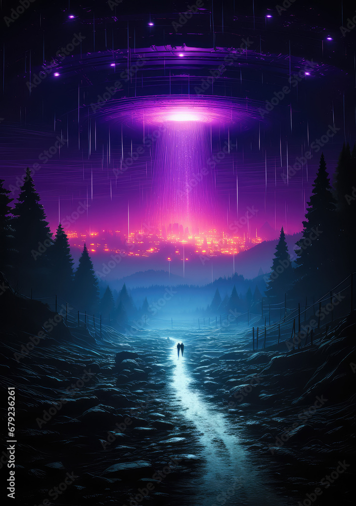 Illuminating the Unknown: A Neon-Colored Poster Depicting Alien Spacecraft Hovering in the Sky, A Generative AI's Visual Dance Between Fiction and Reality