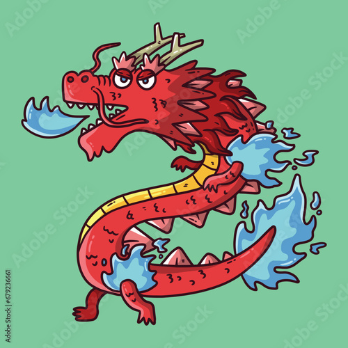 Cute cartoon vector illustration of Red Dragon with blue flame. Dragon zodiac vector illustration.