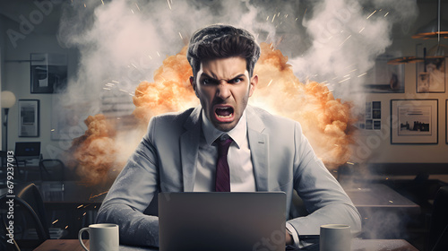 Dramatic reaction of an office worker with a fiery explosion backdrop, portraying intense work pressure, stress or crisis