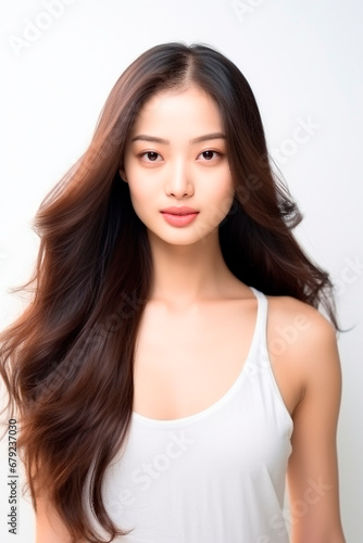 Young glamor model of Asian appearance on a white background.