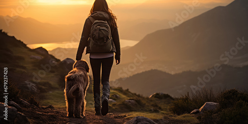 Woman and her dog tread a mountain trail, companions in the quest for sunrise