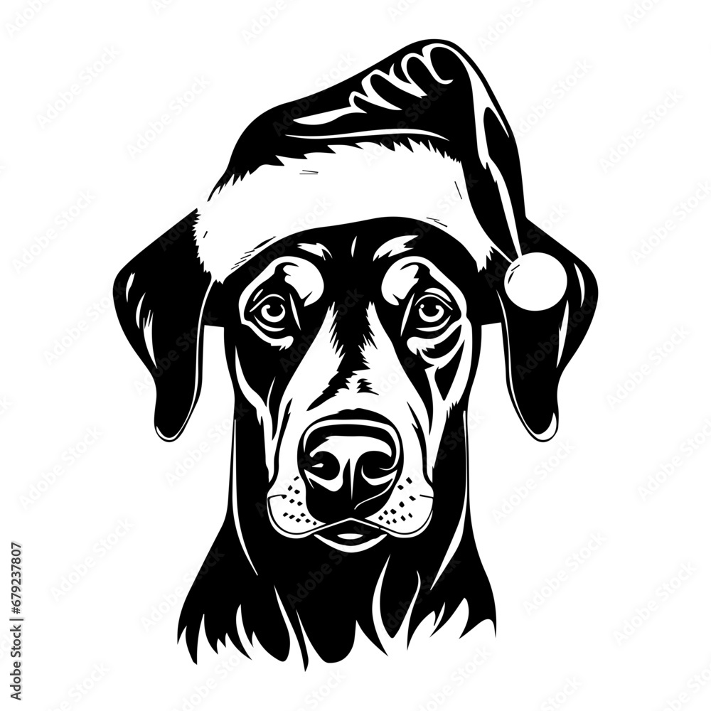 Cute Doberman Dog wearing Santa hat head, Christmas illustration, Generative AI. Cute Doberman Dog wearing Santa hat head, Christmas illustration, Generative AI.