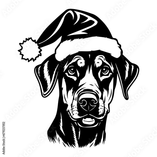 Cute Doberman Dog wearing Santa hat head, Christmas illustration, Generative AI.