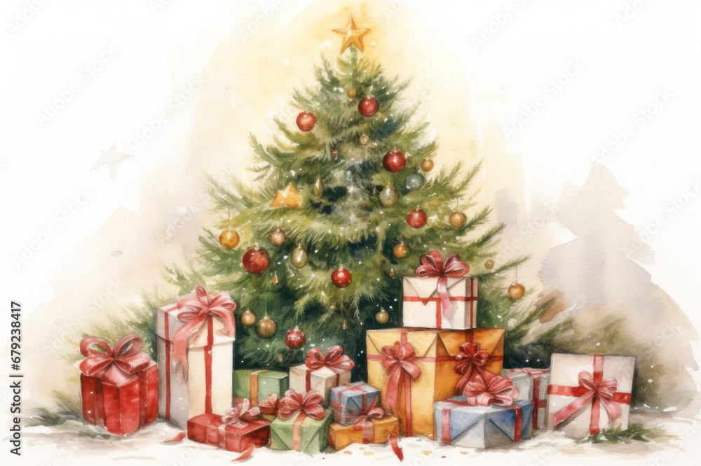 Christmas tree and gifts, illustration in watercolor style. New Year. AI generative.
