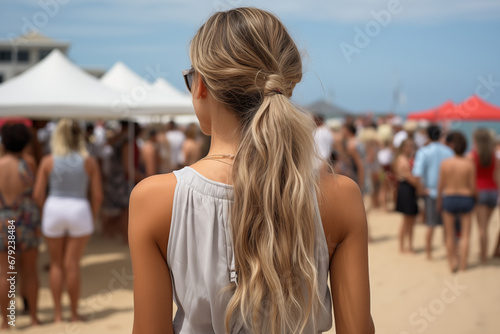 Blonde woman with a long ponytail and a strappy t shirt walking on a beach with a lot of atmosphere