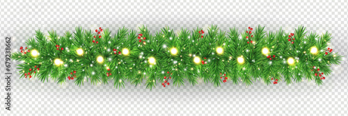 Christmas decoration with green fir branches. Holiday garland. Xmas tree with glitter light, golden stars and red berries. Evergreen plant frame. Winter background. New Year card. Vector illustration