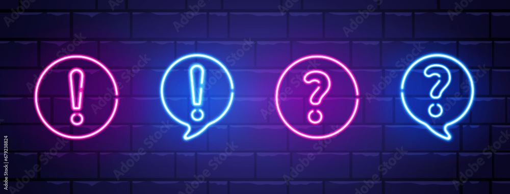 Neon speech bubble with question and exclamation mark. Quiz neon long ...