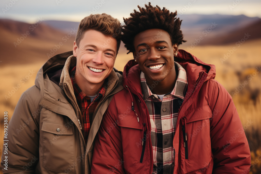 Two young men smiling in a field