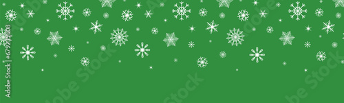 Snowflake Christmas background. White snowflakes green frame. Happy Holiday card. Hello winter border. Color snowfall banner. Flying confetti. Celebration design. Vector illustration