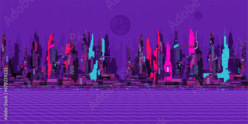 Flat Simple Abstract Futuristic Sci-fi Cyber Space City Landscape Vector Illustration Background