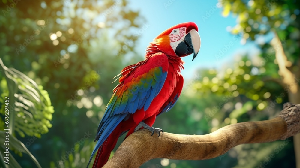 A scarlet macaw perched on a thick vine, its tail feathers trailing elegantly behind, a picture of natural grace.