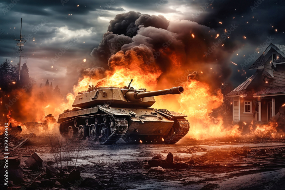 War Concept. Tank in a destroyed city or village. Military action battle scene against the backdrop of fire, smoke and explosions. Battle in ruined city. Selective focus.
