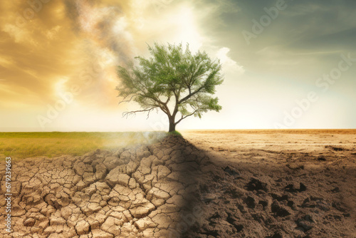 Dry cracked soil after cutting down trees. Lonely remaining tree. Concept of climate change or global warming. Soil erosion. Ecology.
