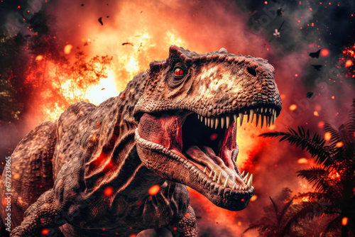 Tyrannosaurus T-rex  dinosaur on smoke and fire background. Dinosaur in the ancient jungle. Primordial monster.
