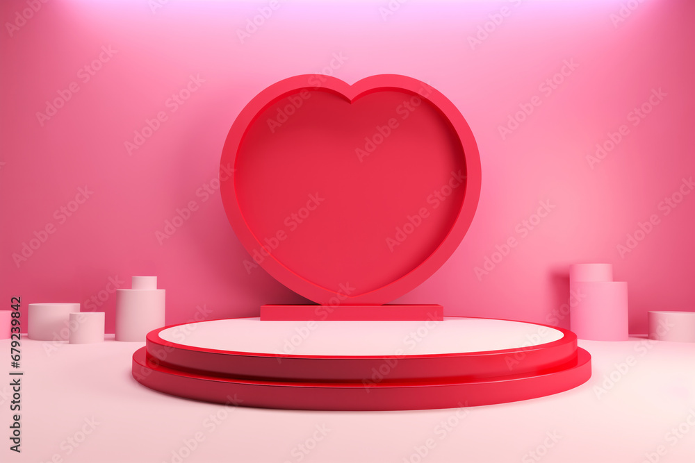 Red heart shape standing on product podium on minimal pink background with geometric figures. Promotion stand platform stage concept