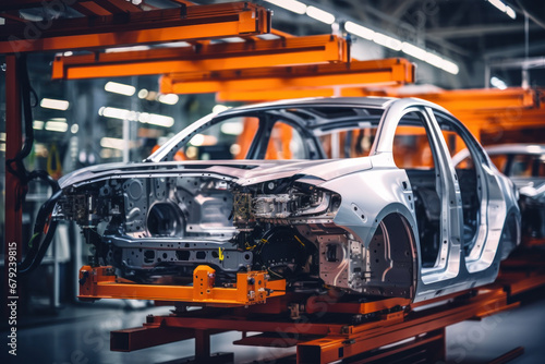 Car production line. Assembling a car on a conveyor belt. Close-up of a car body. Automotive industry Interior of a high-tech factory, modern production.