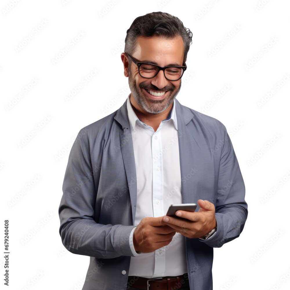 Businessman using mobile phone isolated on white transparent, Smiling Latin American businessman in suit, PNG Businessman using mobile phone isolated on white transparent, Smiling Latin American businessman in suit, PNG