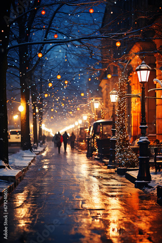 Enchanting Winter Evening on a Snowy City Street with Festive Lights
