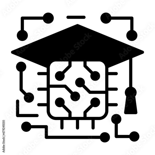 Machine Adaptive learning algorithms concept, Processor with mortarboard vector icon design, predictive modeling or adaptive control symbol, artificial intelligence sign neural circuit illustration