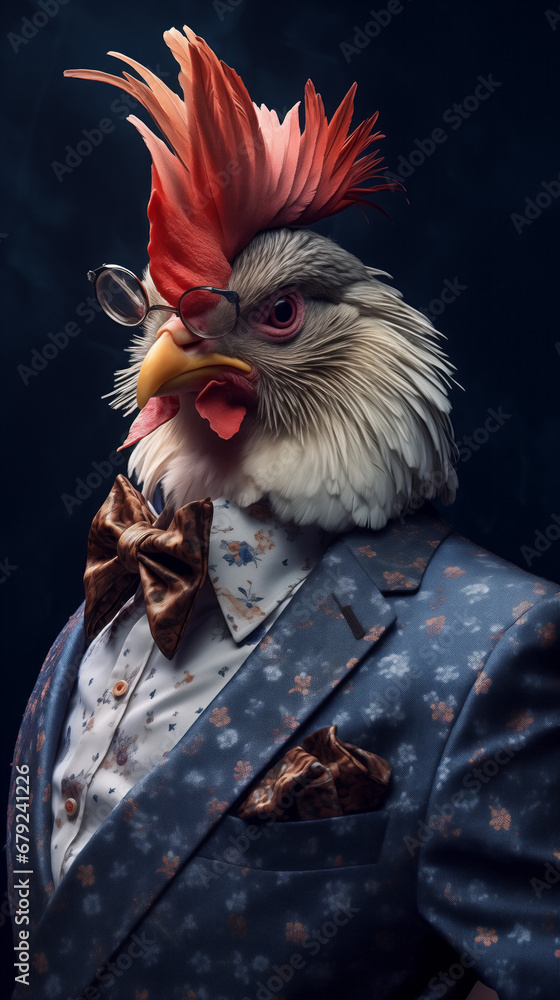 Chicken dressed in an elegant suit with a nice tie. Fashion portrait of an anthropomorphic animal, bird, hen posing with a charismatic human attitude