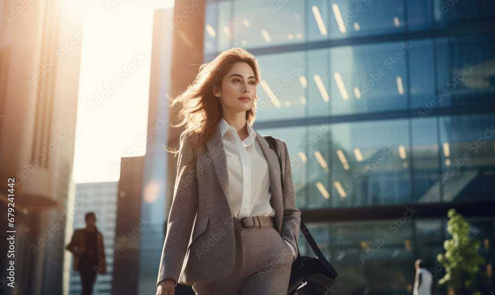 Fototapeta premium Urban Elegance, Confident Business Woman Strides Amidst Towering Office Skyscrapers