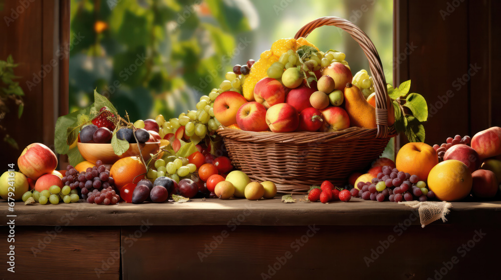 Abundant Harvest, Colorful Fruits Arranged on Wooden Table with Orchard Background Abundant Harvest, Colorful Fruits Arranged on Wooden Table with Orchard Background
