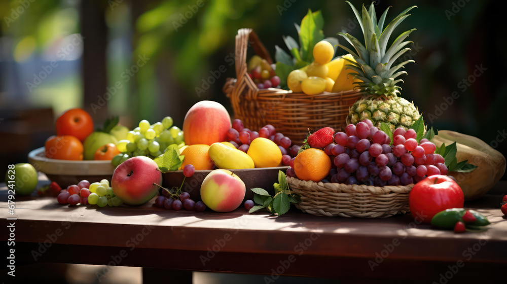 Abundant Harvest, Colorful Fruits Arranged on Wooden Table with Orchard Background Abundant Harvest, Colorful Fruits Arranged on Wooden Table with Orchard Background