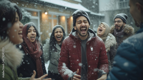People from diverse cultures enjoying a snowy game of charades photo