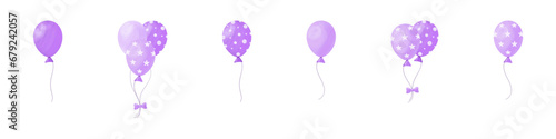 Set of purple violet balloons with stars and circles, watercolor effect, isolated on white background, vector illustration