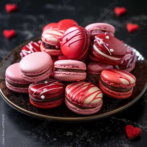 Valentins Tag Decor- macaroons on a wooden table.  Ai generative