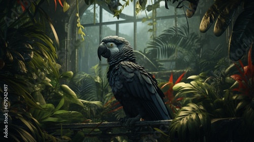 A black palm cockatoo framed by a curtain of lush ferns, a primeval tableau of life in the rainforest. photo