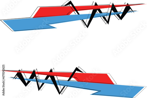 Strong modern style decals. Decals on both sides of the vehicle. Blue and red decals for racing and sports cars.