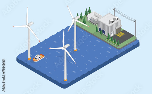wind energy, wind turbine power plant, wind farm isometric graphic