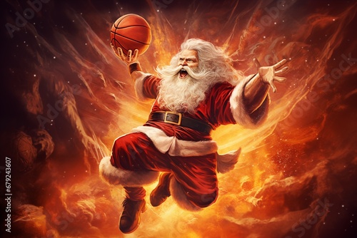 Foto Santa Claus as basketball player slam dunking the ball in basket in festive expl
