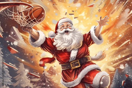 Santa Claus as basketball player slam dunking the ball in basket in festive explosion Christmas illustration